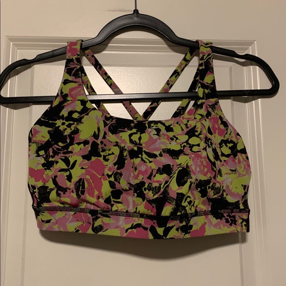 Lululemon Black, Pink, and yellow energy bra. Sz 8, w/pads EUC